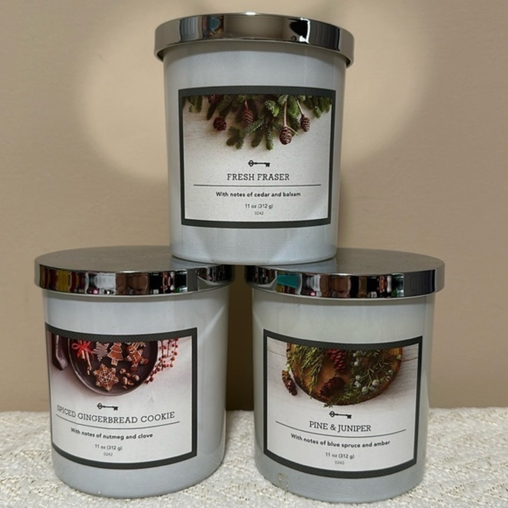 Threshold lot of 3 holiday candles Spiced Gingerbread Cookie, Pine & Fraser